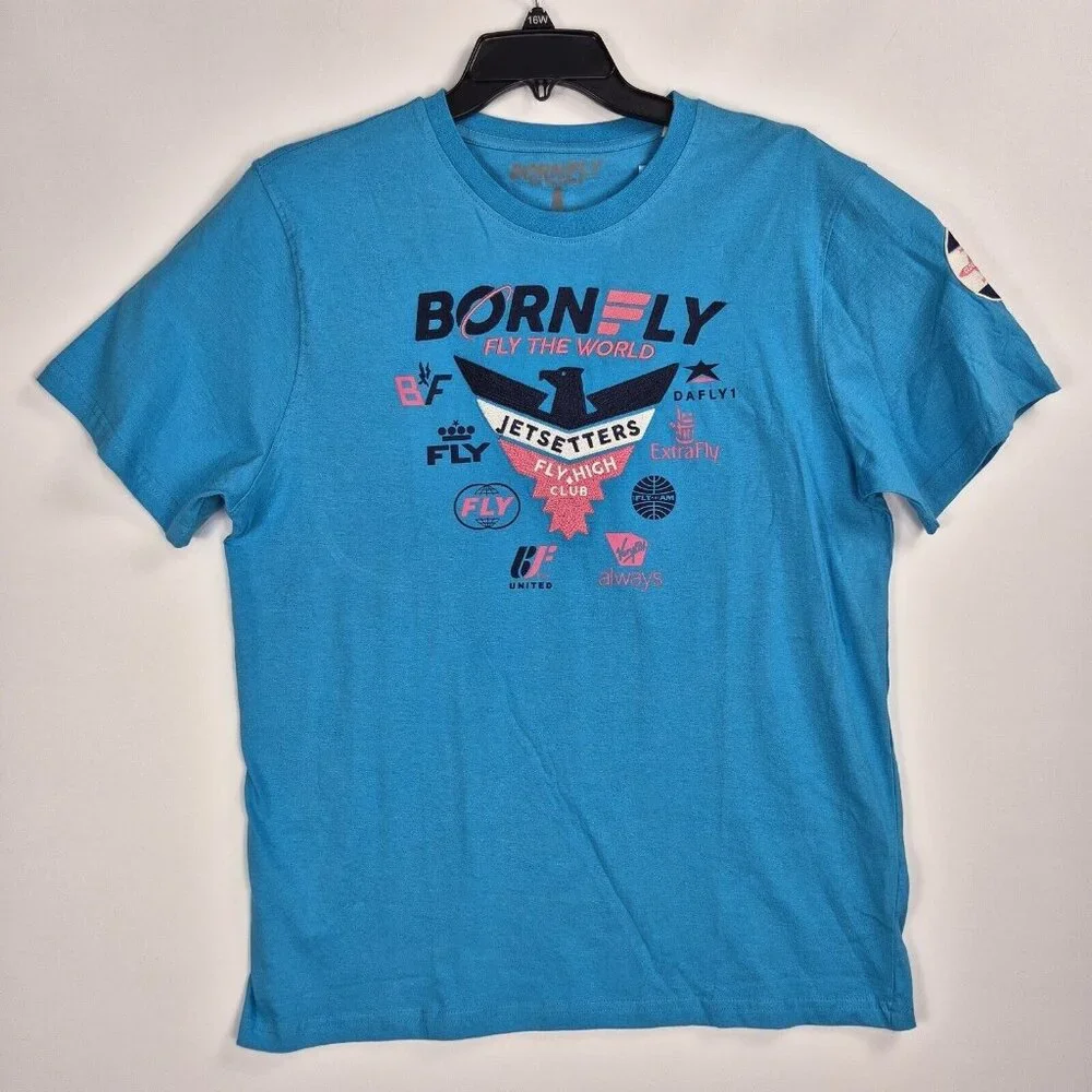 Born Fly Men's T-Shirt Size XL Embroidery Blue Cloud Hoppers Airlines (42) - Picture 1 of 8